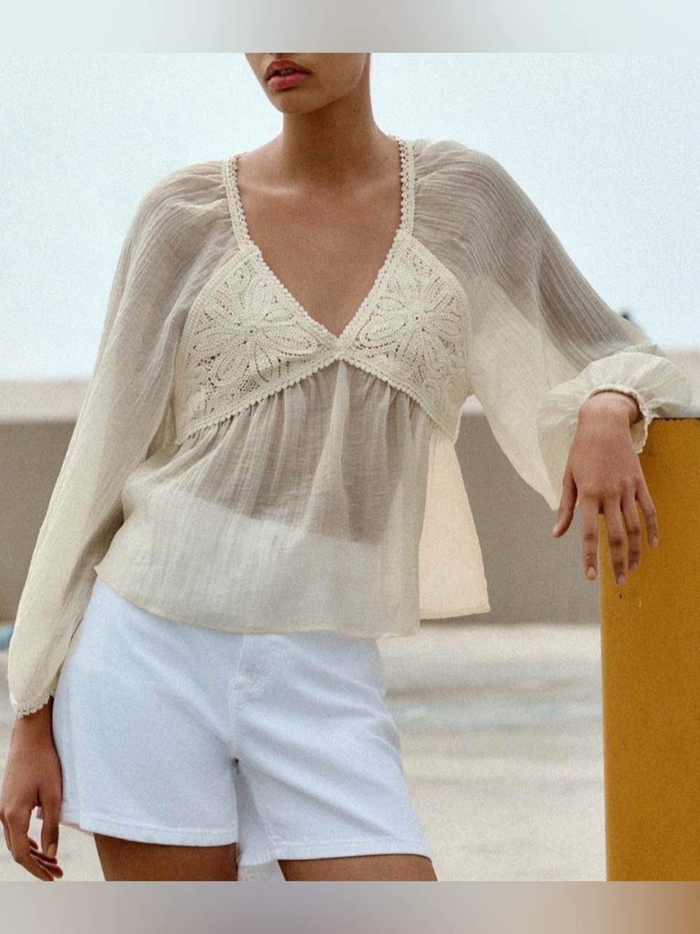 ZARA Combination crochet semi sheer blouse